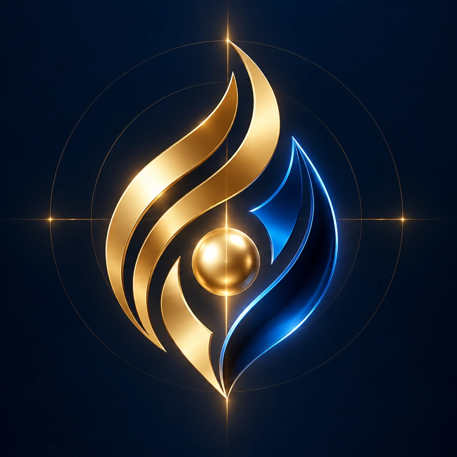 Gold and blue Tantius Lux emblem surrounding a point of light